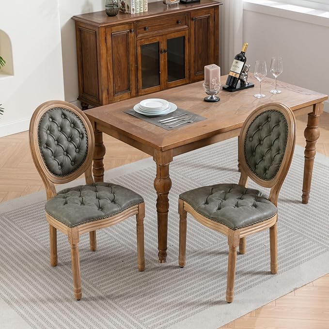 Vintage French Dining Chairs Set of 2, Round Back PU Leather Upholstered Side Chairs with Nailhead Trim and Solid Wood Frame, Sillas de Comedor for Dining Room & Kitchen, Olive Green