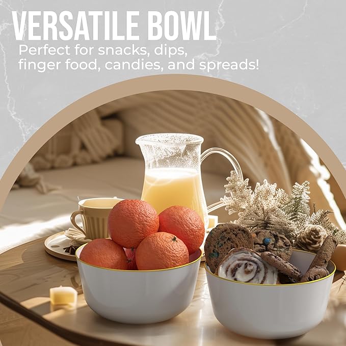 Trendables Disposable Bowls - 24 Oz Set of 20 in White with Gold Rimmed Fancy Plastic Serving, Ice Cream and Salad Bowls