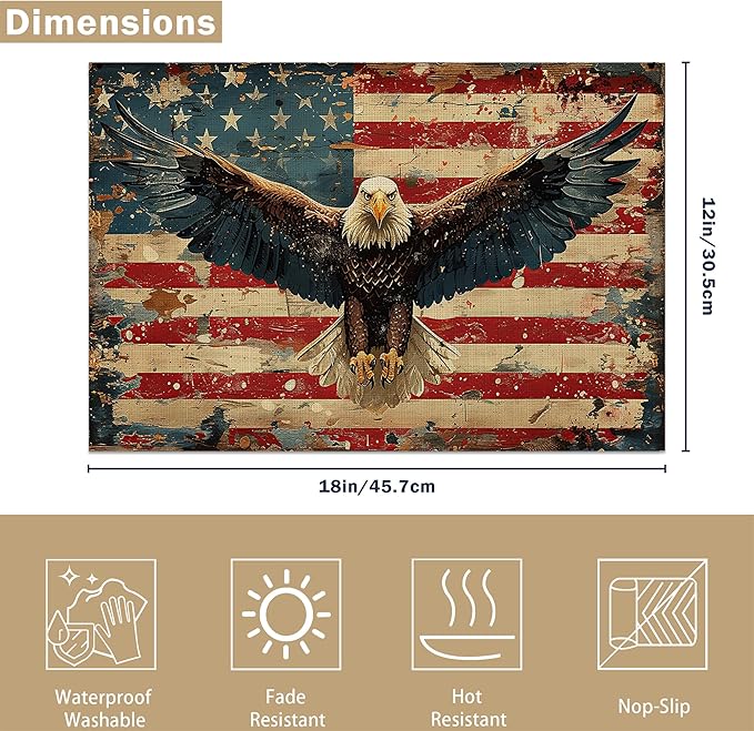 American Flag 12x18 Inch Placemats Set of 6 - Waterproof, Retro Eagle Non-Slip & Washable Table Mats for Kitchen & Dining Table Placemats