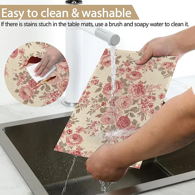 Colorful Floral Spring Plastic 12x18 Inch Placemats Set of 6 - Waterproof, Non-Slip & Washable Watercolor Flowers Table Mats for Kitchen & Dining Table Placemats