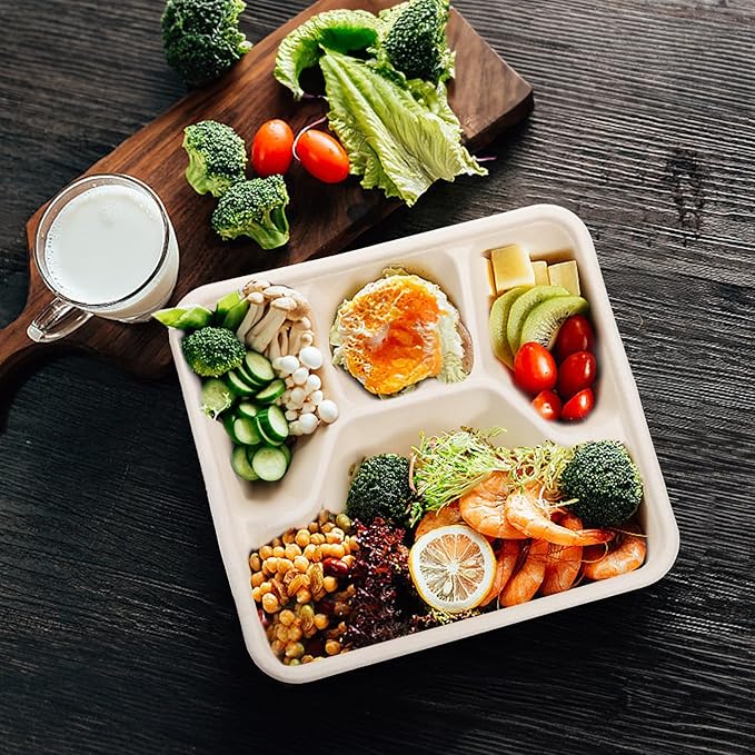 TOPZEA 50 Pack 4 Compartment Disposable Paper Plates, 9.4"x 8.6" Compostable Deep Divided Plates Heavy Duty Bagasse School Lunch Tray, Sugarcane Sectional Plate Food Containers for Dinner Buffet Party