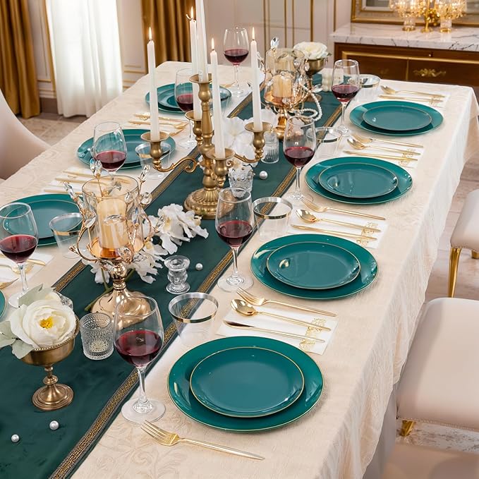LUODA MirthMood 210pcs Green Plastic Plates,Disposable Green Gold Party Plates,Include 30 Dinner,Dessert Plate,30 Cup&30 Napkins, 90 Gold Silverware for Wedding & Party & Birthday（green）