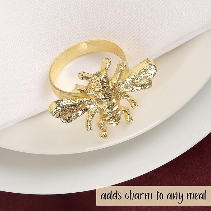 ALPHA Living HOME 12 Pcs Bee Napkin Rings - Decorative Metal Napkin Rings Table Decor Dining Table Cloth Napkin Holder for Christmas Wedding Holidays Dinners Party Supplies Everyday Use (Gold)
