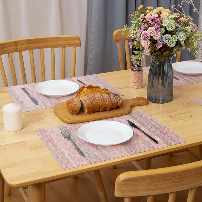 Winknowl Placemats Set of 6, Heat Resistant Stain Resistant Woven Vinyl Insulation Place mats, Durable Washable Elegant Table Mats for Kitchen Dining Table Decor (Misty Rose)