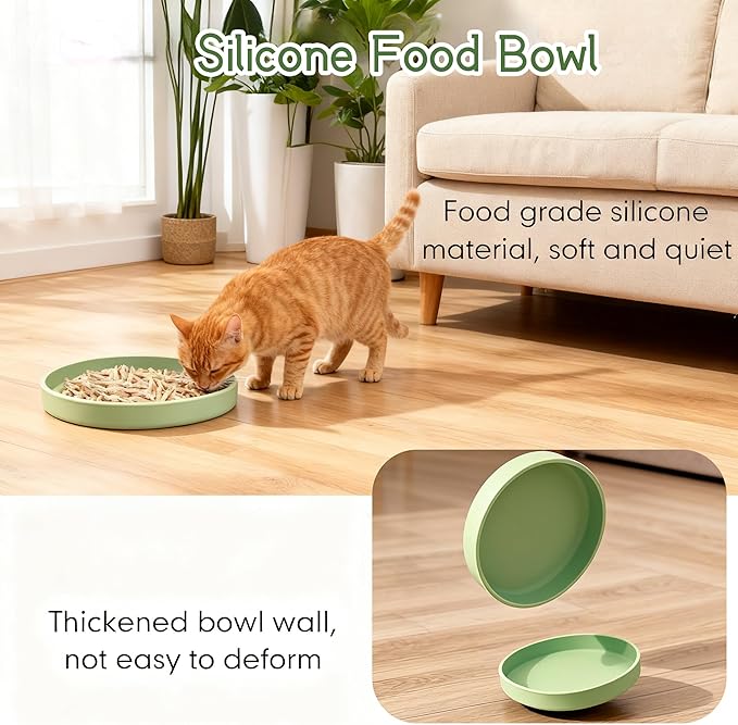 Silicone Cat Bowl Set of 2 Shallow Cat Dishes Small Non-Slip Pet Dog Bowls for Dry & Wet Food, Whisker Fatigue (Round Green)