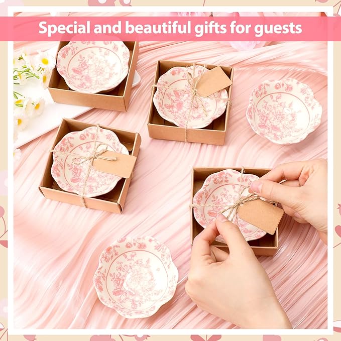 24 Pcs Wedding Favors for Guests Small Ceramic Bowl Bulk Gifts Set 3.3 Inch Floral Design Mini Dipping Sauce Dish with Card Box for Bridal Pooja Baby Shower Birthday Guest Gift (Pink)