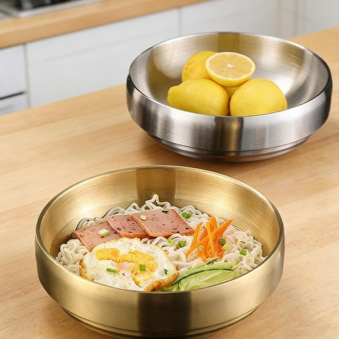 Gold Soup Bowls, 7.3 Inch 35OZ Large Stainless Steel | Double-Walled Unbreakable Serving Bowls for Soup, Rice & Salad, Heat Retention Dish for Noodles and Sashimi at Home or Restaurant