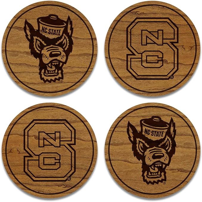 LazerEdge NC State Wolfpack Wooden Coaster Set - Cherry Wood - Officially Licensed Product - 4-Pack