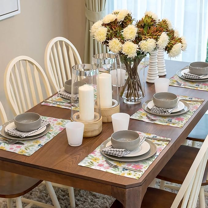 Yellow Pink Blue Floral Spring Placemats Set of 4, 12x18 Inch Watercolor Flower Decorative Table Mats Summer Seasonal Holiday Table Placemats for Party Home Kitchen Dining Table Decoration