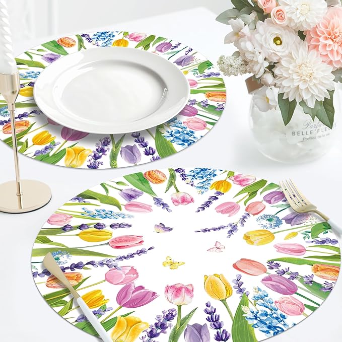50PCS Watercolor Floral Disposable Paper Placemats - Spring Tulip & Lavender Round Table Mats for Birthday Wedding Baby Shower Party Decoration