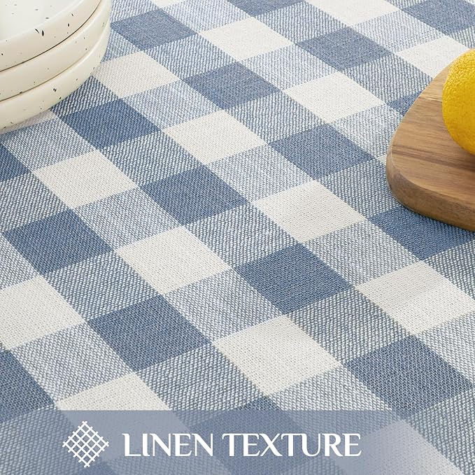 Softalker Checkered Tablecloth Square, Outdoor Linen Cotton Gingham Table Cloth with Tassel, Heavy Duty Wrinkle Free Buffalo Plaid Table Cover for Kitchen Dining Home Party - 55 x 55 Inch, Blue