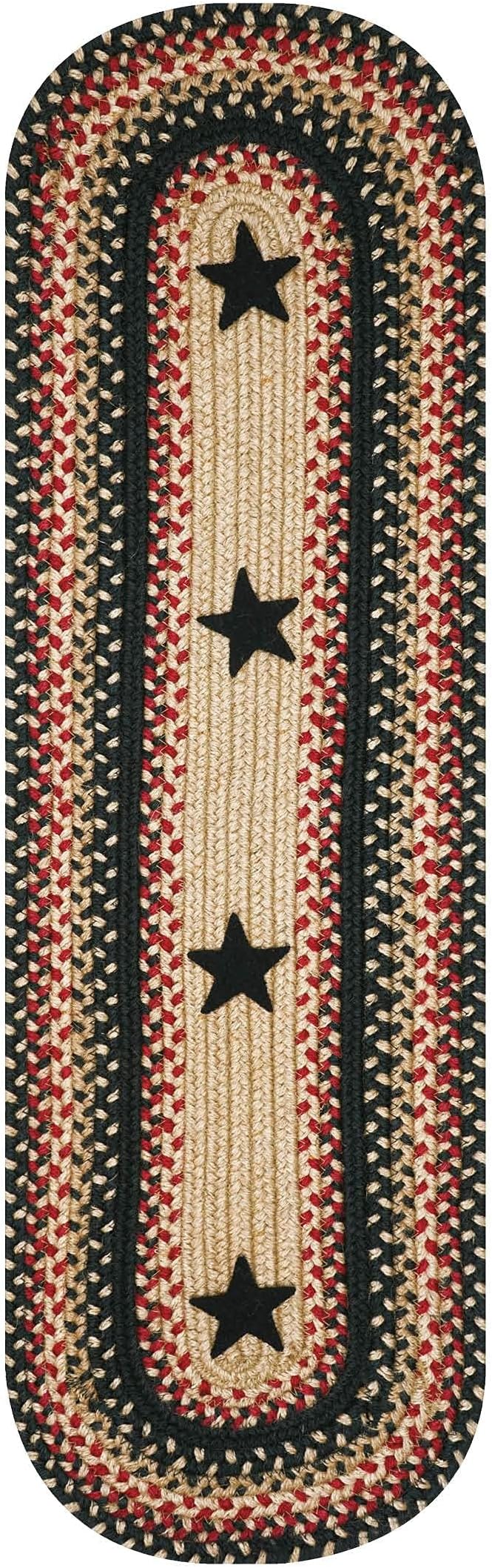 Homespice Primitive Star Gloucester Jute Braided Table Runner, Warm Primitive Decor, Set of 2, Black and Red Oval 8x28 - Rich Colors, Easy to Clean, Durable and Protects Furniture