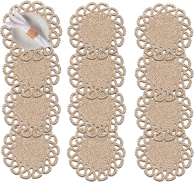13.8" Set of 12 Round Seagrass Placemats | Boho Woven Rattan Table Mats | Farmhouse Wicker Spring Plate Chargers Like Water Hyacinth, Seagrass for Wedding, Party, Christmas, Events