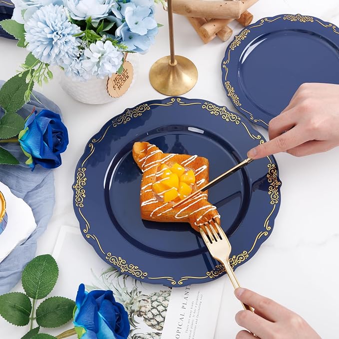 DaYammi 150Pcs Blue Plastic Plates Heavy Duty Navy Blue Disposable Plates with Gold Plastic Silverware include 30 Dinner Plate,30 Dessert Plate,90 Gold Silverware Set,blue plates for Party Dinner