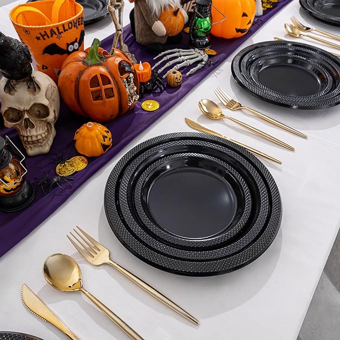 WELLIFE Black Plastic Plates 9 Inch -150 Count for Party, Plastic Disposable Dinner Plates for Halloween Picnic BBQ