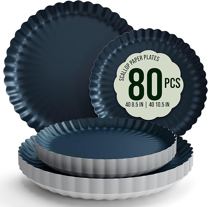 Trendables Scalloped Paper Plates 8.5 Inch & 10.5 Inch 80 Pcs Dinner Plate Set Fancy Disposable Plates for Party for 40 Guests 40 X 8 & 40 X 10 Large & Small Paper Plate Set for Parties Black Aqua