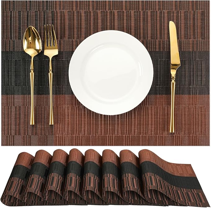 Placemats Set of 8, Vinyl Woven Place Mats Indoor Set of 8 Washable Wipeable PVC Table Mats Heat-Resistant Non Slip Plastic Placemat for Kitchen Dining Outdoor Table (Black Brown, Set of 8)