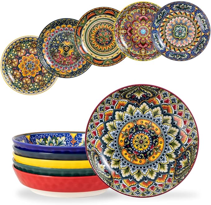 Henten Home 32 oz Porcelain Pasta Bowls Set, Salad Bowl Set of 6, Ceramic Dinner Serving Bowls for Soup, Cereal, Fruit, Bohemia Style, Microwave & Dishwasher Safe