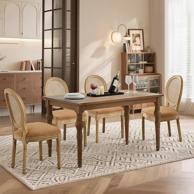 SoarFlash French Dining Chairs Set of 4, Vantage Dining Chair with Round Back, Wood Leg Farmhouse Country Rattan Dining Chair for Kitchen,Bedroom,Brown
