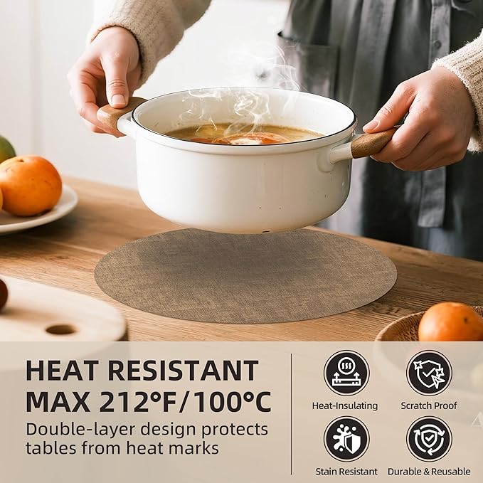 15 inch Faux Leather Round Placemats Set of 4 Non-Slip Washable Wipeable Table Mats, Heat Resistant Waterproof Oilproof Brown Place Mats for Kitchen, Dining, Party, Indoor, Outdoor