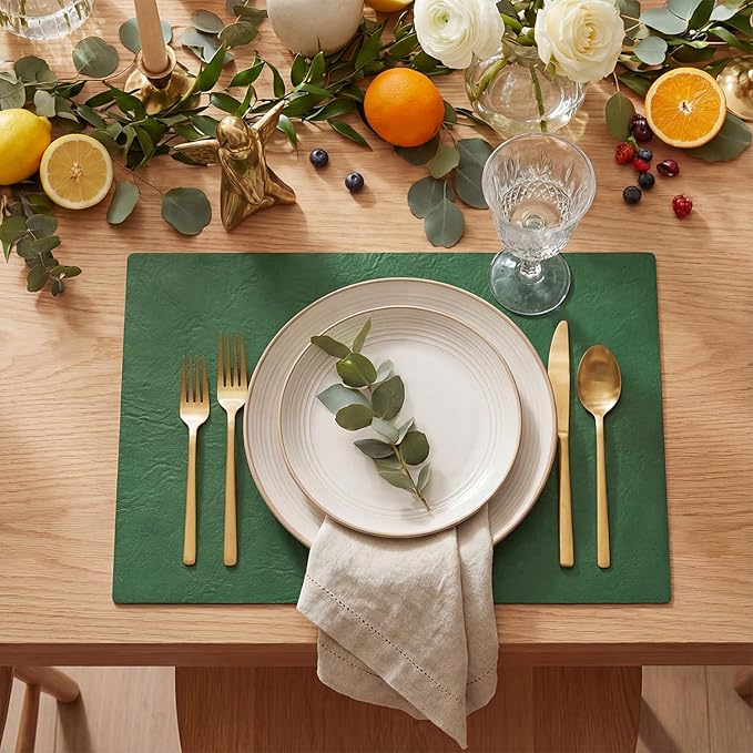 Artoid Mode Green Faux Leather Placemats Set of 4, 12x18 Inch Waterproof Wipeable Heat Resistant Vinyl Place Mats, Reversible Table Mats for St. Patrick's Day Dining Decor