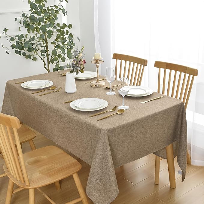 JIUZHEN Faux Linen Farmhouse Tablecloth Rectangular, Wrinkle Stain Resistant Table Cloth Rectangle Table Cover for Kitchen Dining, Holiday Party Dinner, Khaki, 60 x 102 Inch