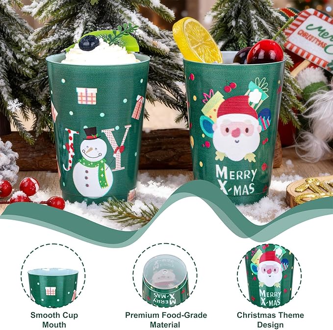 I00000 50Pcs 12oz Snowman Pattern Design Christmas Plastic Cups, Premium Disposable Cups, Green Xmas Party Cup with Santa Claus Pattern Design, Perfect for Christmas Party