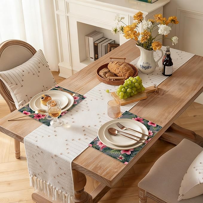 Pink Flamingo Placemats Set of 6, Tropical Palm Leaves Waterproof Linen Fabric, Non-Slip Backing & Easy Clean, Elegant Dining Table Placemats for Family and Guests