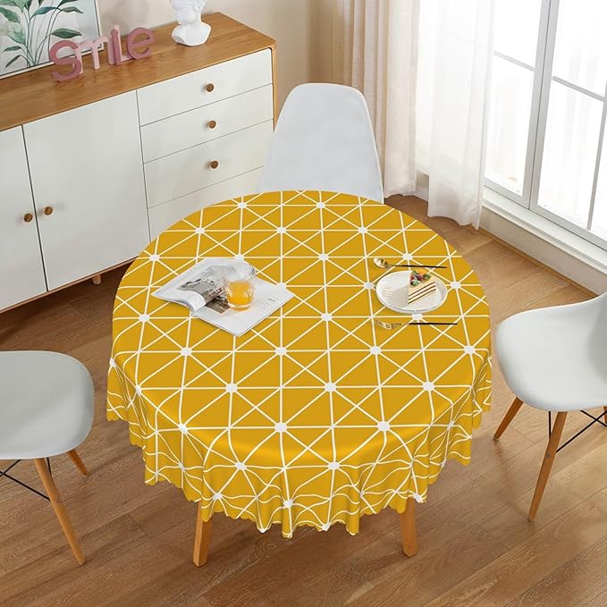 Laeacco 36 Inch Geometric Round Tablecloth Orange Triangle Modern Geometric Abstract Art Print Table Cloth Washable Waterproof Wrinkle Free Table Cover for Kitchen Dining Picnic Party Decoration