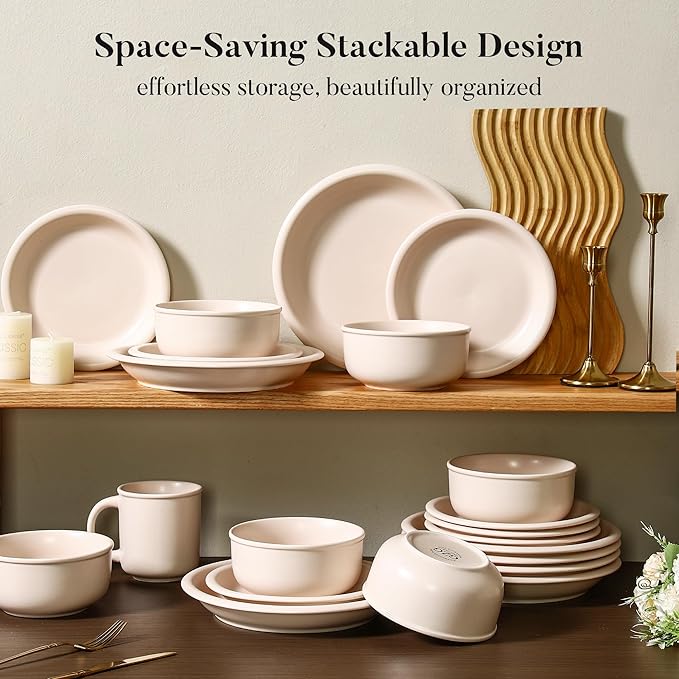 GZG Vintage Series - Ceramic Dinnerware Set for 8, 24 Pieces Stoneware Plates and Bowls Set, Lead-Free, Handcrafted Dishes Set, Microwave & Dishwasher Safe - Cream White