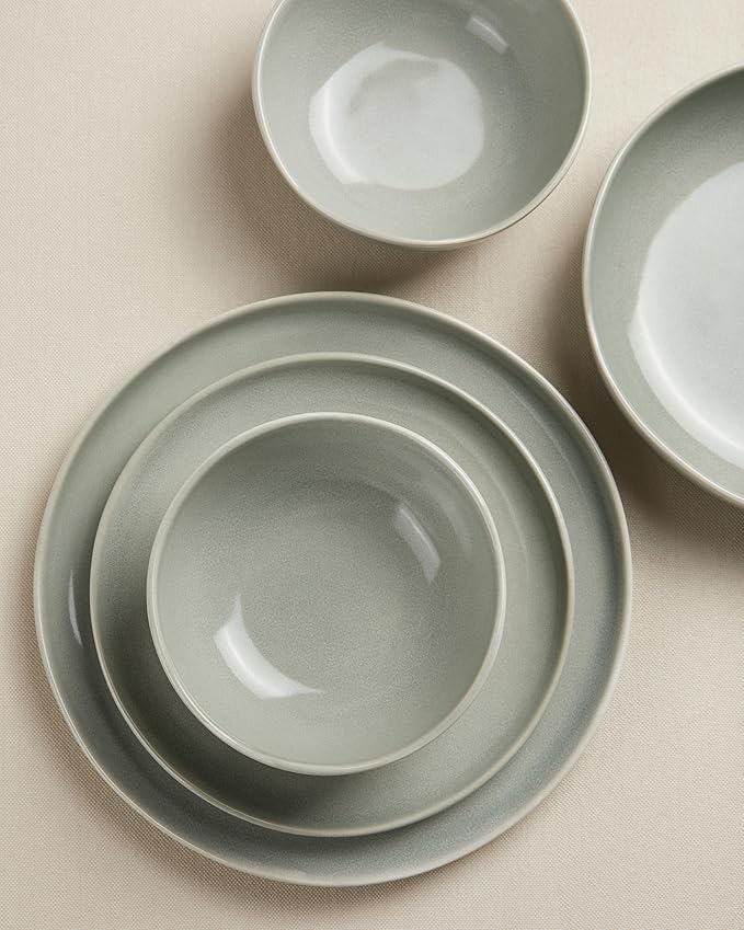 Large Holiday Dinnerware Sets for 8, Ceramic Plates and Bowls Set, Kitchen Dish Set, Microwave & Dishwasher Safe Dishware, Perfect for Christmas & Thanksgiving, Gray Green