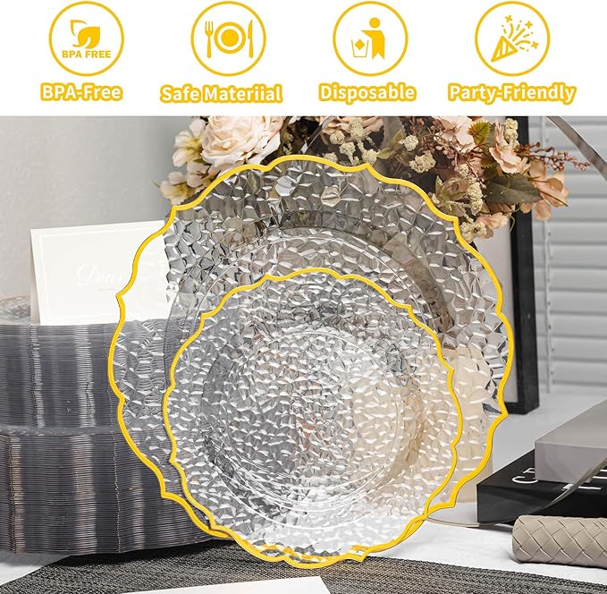 N9R 120 PCS Clear and Gold Plastic Plate, Clear Disposable Plate with Gold Rim, Stone Texture Plates Include 120 Dinner & Dessert Plates for Wedding, Party