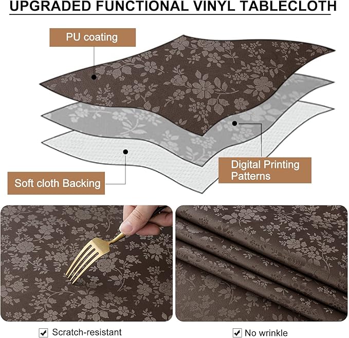 Smiry Rectangle Table Cloth, Waterproof Heavy Duty Vinyl Tablecloths, Wipeable Washable Table Cover for Kitchen and Dining Room (Coffee, 70" X 120")