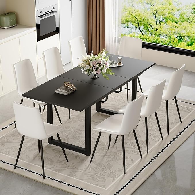Extendable Dining Table Set for 8, 55"–71" Modern Black Kitchen Table with 8 Upholstered Chairs, Space-Saving for Living Room Apartment, Sturdy & Comfortable, Easy Assembly