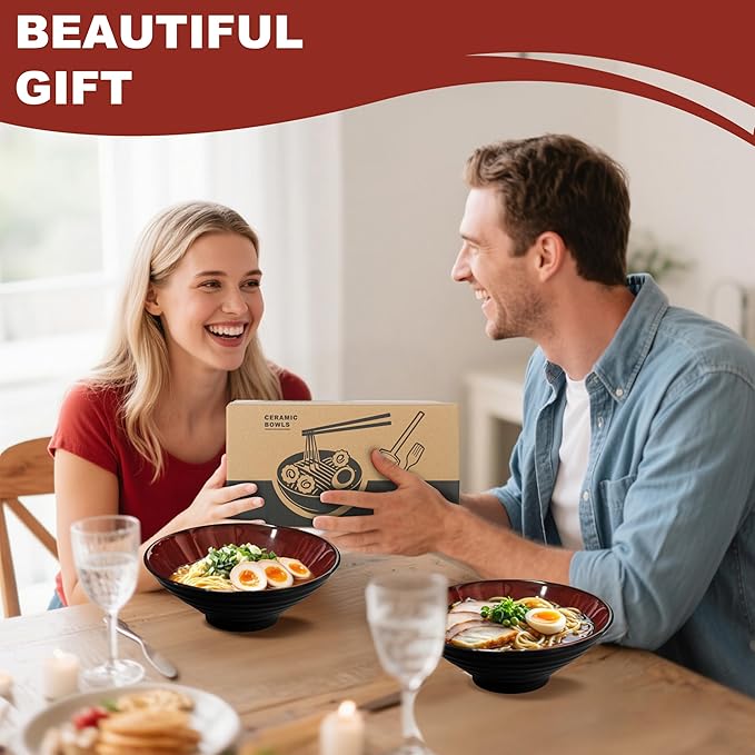 8-Inch 4 Sets Ceramic Ramen Bowl (16 Piece) - Japanese Porcelain Dishwasher Microwave Safe Salad Noodles Cereal Pasta Soup Large Bowls with Chopsticks Forks Spoons for Men Women Housewarming Gift