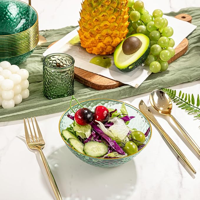 I00000 50 Pack 12 Ounce Clear Green Plastic Bowls Serving Bowls Hammered with Gold Rimmed, Heavy Duty Disposable Bowl Set,Small Bowls for St. Patrick's Day