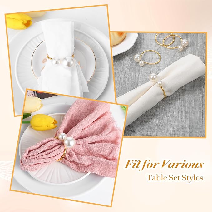 60 Pcs Gold Pearl Napkin Rings Bulk, Wedding Napkin Rings with Dual Pearls for Thanksgiving, Christmas, Party Decor, Elegant Table Setting Accessories