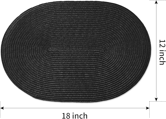 FunWheat Oval Braided Placemats Set of 4 Table Mats for Dining Tables Washable Heat Resistant Place Mats for Indoor Outdoor Use 12 x18 Inch(Oval Black, 4pcs)