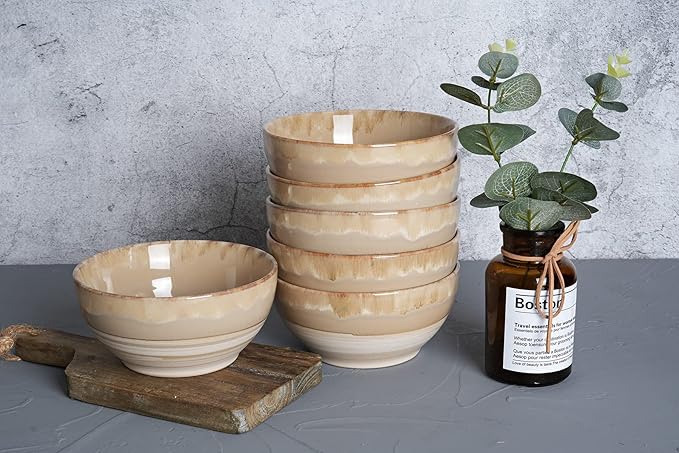 Bosmarlin Small Ceramic Dessert Bowls, 16 Oz, Set of 6, Dishwasher and Microwave Safe, For Cereal, Ice Cream, Soup, Salad, Rice (Brown Grey, 16 Oz)