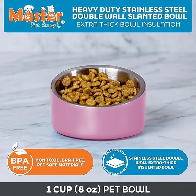 Master Pet Supply Stainless Steel Slanted Dog Cat Food Bowl - 8 oz Heavy Duty - Hyper Pink, Double Wall Insulated, Non-Slip Elevated Bowl for French Bulldogs Pugs Cats, Anti Rust Dishwasher Safe