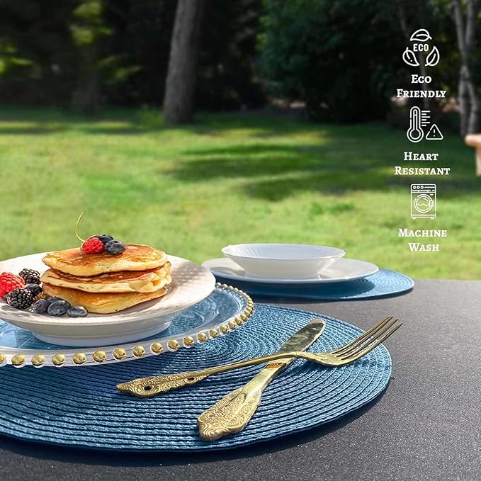 FunWheat Oval Braided Placemats Set of 8 Table Mats for Dining Tables Washable Heat Resistant Place Mats for Indoor Outdoor Use 12 x18 Inch(Oval Blue, 8pcs)