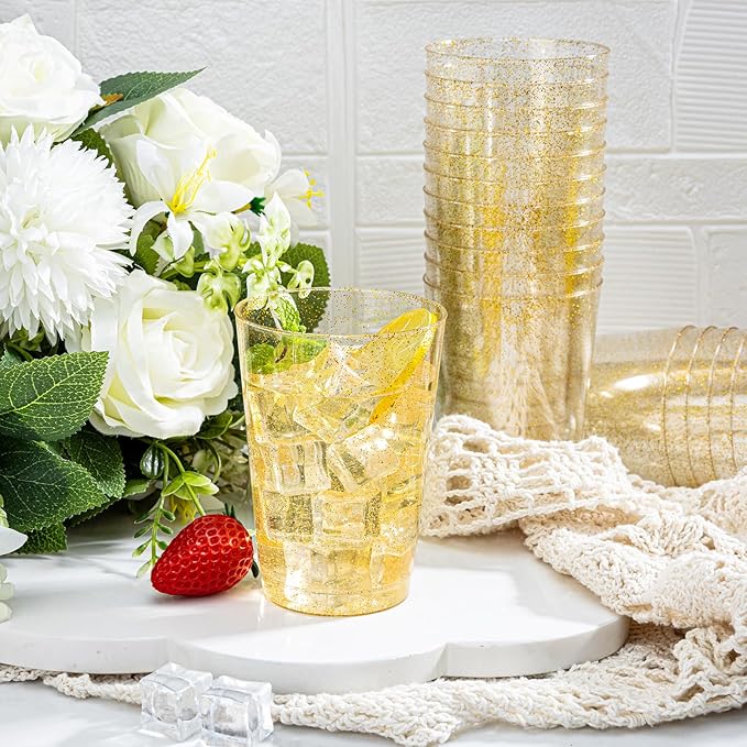 I00000 50 Pack 12 oz Gold Glitter Plastic Cups, Clear Disposable Cups, Disposable Plastic Wine Glasses Cocktail Glasses Premium Cups, 12 Ounce Glitter Tumblers for Party & Wedding