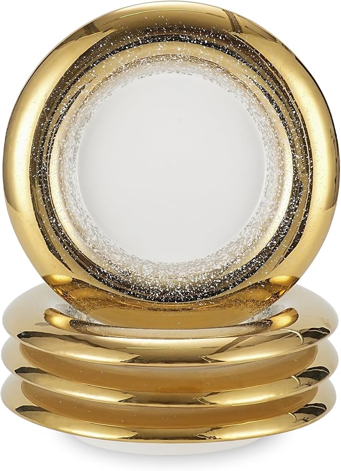 10 Inch Porcelain Dinner Plates Set of 4 - Hand-Decorated Gold Speckled Rim, Restaurant Grade Fine Dining Ceramic Plates for Elegant Presentation, Pasta, Seafood, Salad, Sushi