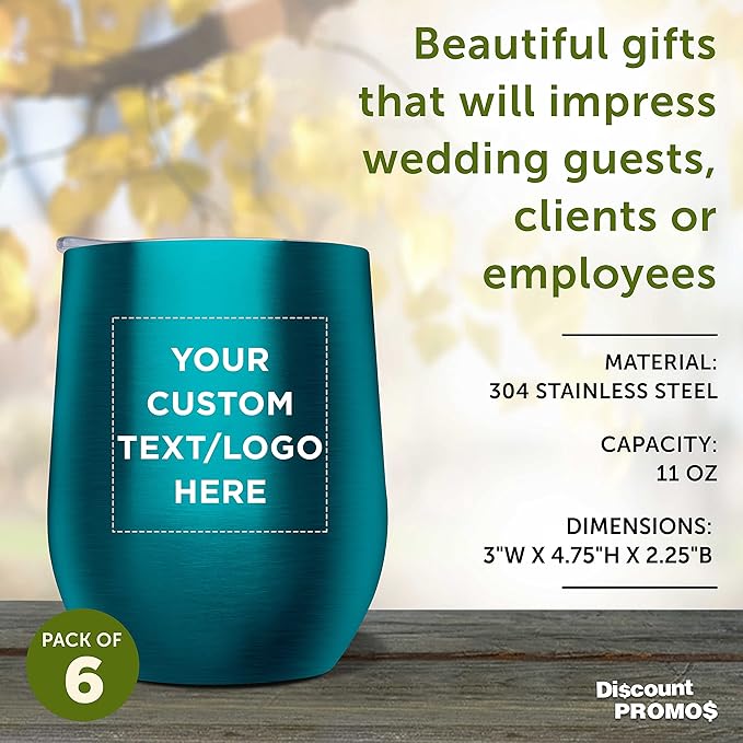 Custom Stemless Wine Glass Tumblers with Lids by Largo 11 oz. Set of 6, Personalized Bulk Pack - Perfect for Wine, Cocktails, Other Hot & Cold Beverages - Teal