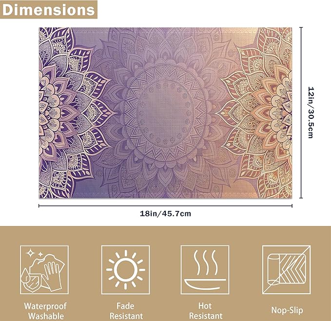 Mandala Floral Orange Placemats Set of 6, Red Linen Washable for Christmas, Thanksgiving, Party, and Daily Dining, Decorative Table Mats for 4-6 Person Table