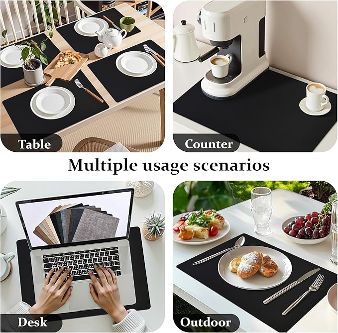 FROMHEART Faux Leather Placemats Set of 6–Waterproof,Heat/Oil Stain-Resistant PU Table Mat–Reversible,Non-Slip,Easy to Clean Place Mats for Kitchen,Dining,Indoor/Outdoor,(Black,11.8" x 17")