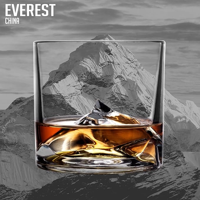 LIITON Mount Everest Heavy Crystal Whiskey Glasses Gift Set of 4, Thick Freezable Bourbon Glass 1lb Each, Premium Whiskey Gifts for Men, Frozen Crystal Chills Cocktails, 10 oz