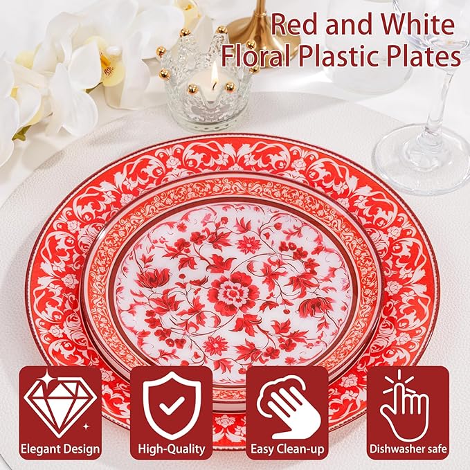 Hioasis 60pcs Red Plastic Plates Set - Floral Red & White Porcelain Design, 10.25" Dinner & 7.5" Dessert Plates Disposable for Christmas (Dishwasher Safe, Art Style)