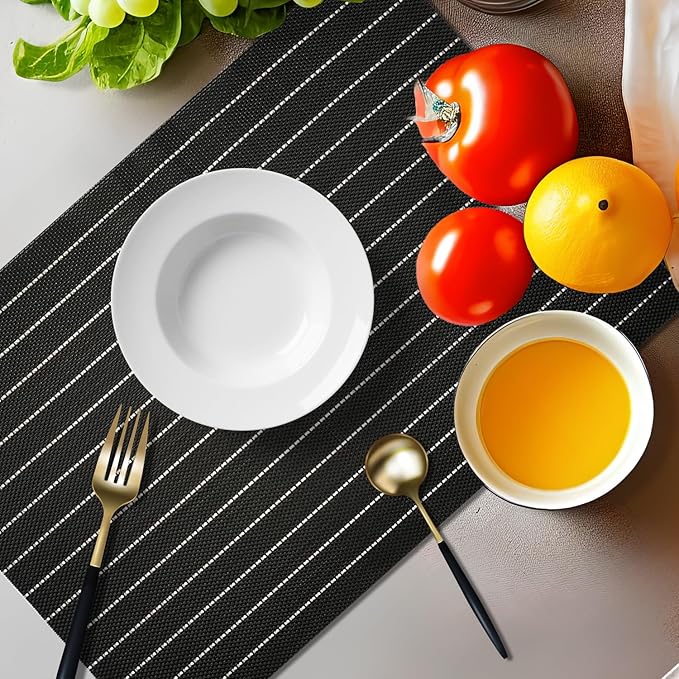 Placemats Set of 4 Vinyl Washable Black White Placemats, 18"x12" Wipeable Heat-Resistant Non-Slip Easy Clean Table Mats Ideal for Dining Table Table Runner and Outdoor (4, Black White Stripe Black)