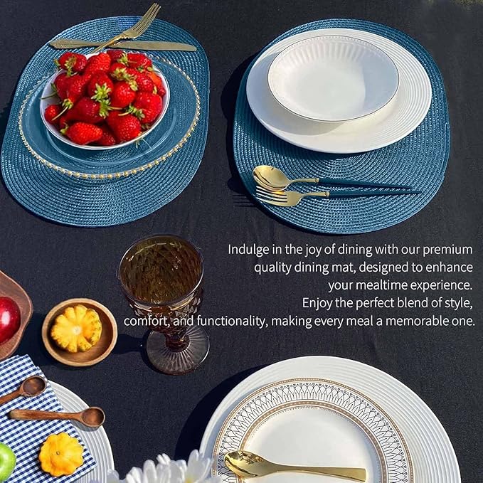 FunWheat Oval Braided Placemats Set of 4 Table Mats for Dining Tables Washable Heat Resistant Place Mats for Indoor Outdoor Use 12 x18 Inch(Oval Blue, 4pcs)